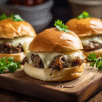 Philly cheesesteak sliders with melted cheese, thinly sliced steak, and caramelized onions on golden buns, served on a rustic wooden tray.