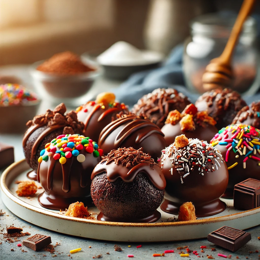 A-beautifully-styled-image-of-glossy-brownie-balls-coated-in-dark-chocolate-each-decorated-with-colorful-toppings-such-as-sprinkles-crushed-nuts-an