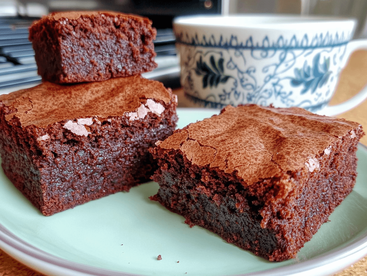 "Close-up of three rich, fudgy brownies with a shiny, crackly top, placed on a light green plate. A patterned ceramic cup is in the background, adding a cozy, homemade vibe."