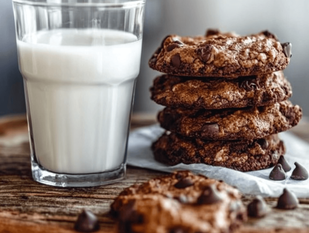 A stack of freshly baked brownie mix cookies on a rustic wooden board with chocolate chips scattered around, soft and warm lighting highlighting their chewy texture.