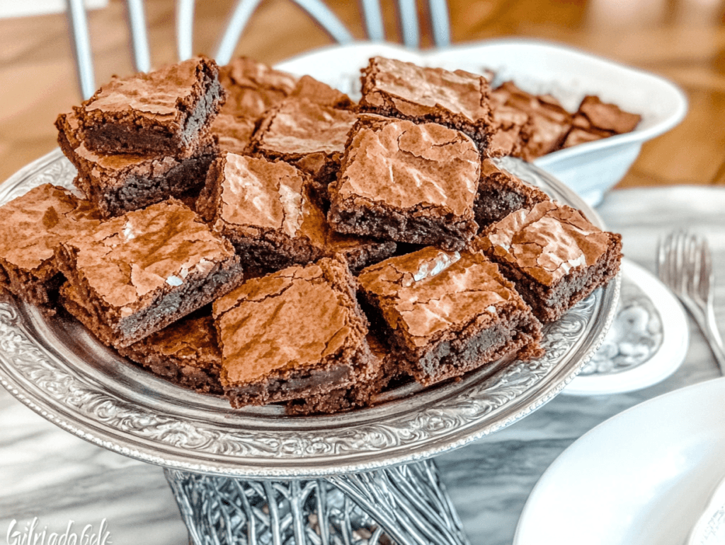 Close-up of three rich, fudgy brownies with a shiny, crackly top, placed on a light green plate.