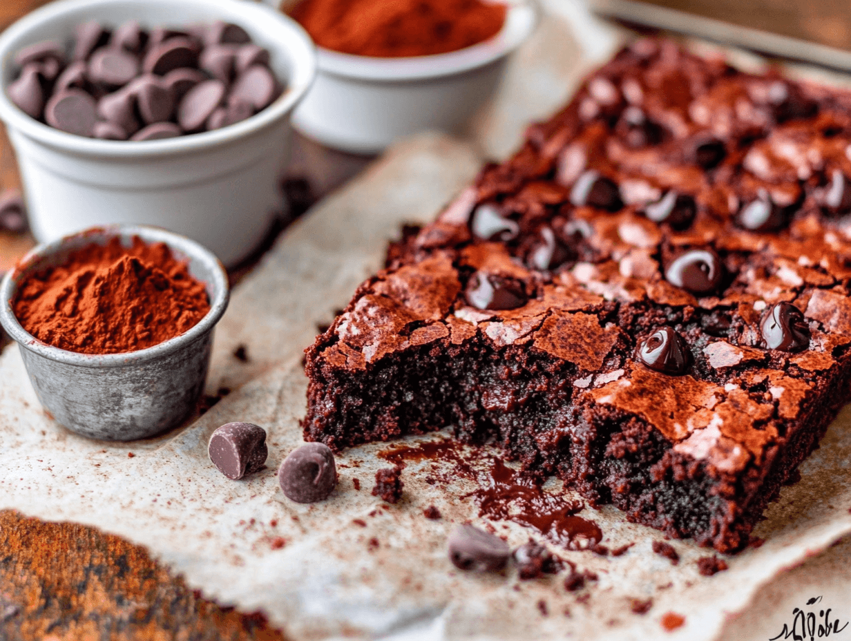 A close-up shot of freshly baked gluten-free brownies, with gooey chocolate chunks and a rustic, homemade vibe. The brownies are placed on a wooden table surrounded by baking ingredients like cocoa powder and chocolate chips.