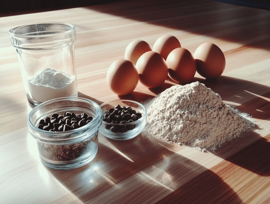 A flat lay of key ingredients for gluten-free brownies: gluten-free flour blend, cocoa powder, brown sugar, eggs, and chocolate chips arranged neatly on a wooden countertop.