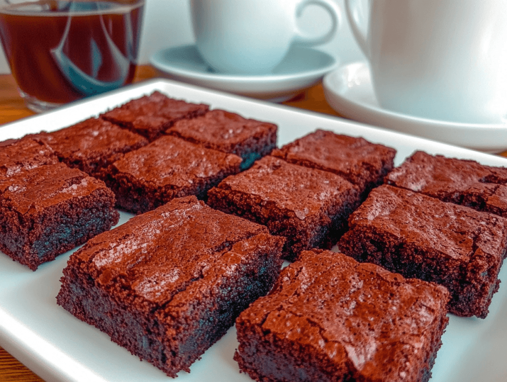 A plate of freshly baked, fudgy gluten-free brownies cut into squares, with a glossy chocolate sheen. The brownies are served on a white plate in a cozy kitchen setting with a cup of coffee on the side.