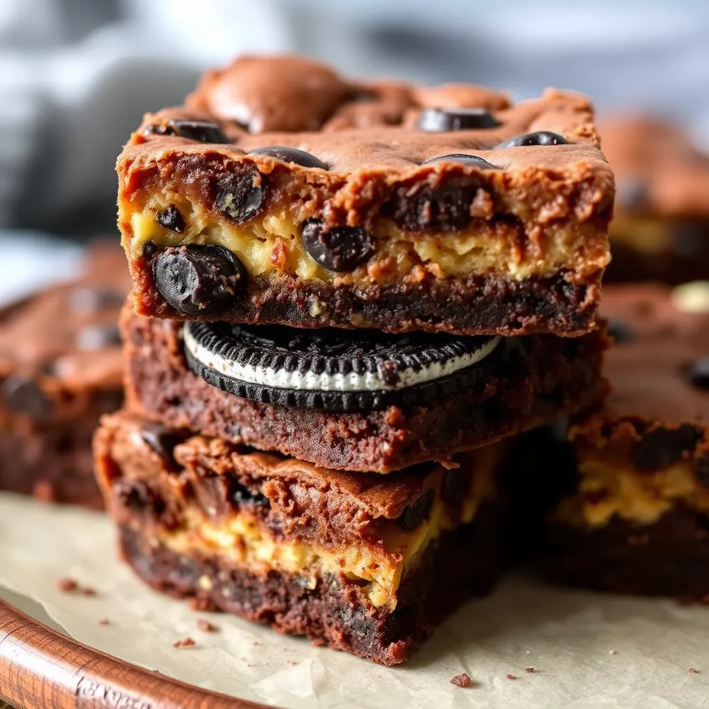 a stack of brownies with a cookie on top