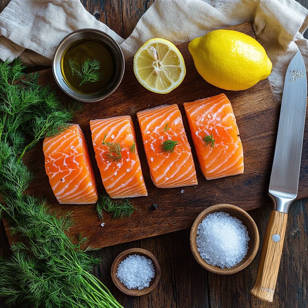 Fresh ingredients for zesty lemon and garlic grilled salmon neatly arranged on a wooden cutting board. Raw salmon fillets sit alongside a halved lemon with zest, minced garlic, a bottle of olive oil, fresh dill, parsley, and a small dish of sea salt. A chef’s knife and rustic linen napkin add to the inviting, natural presentation."