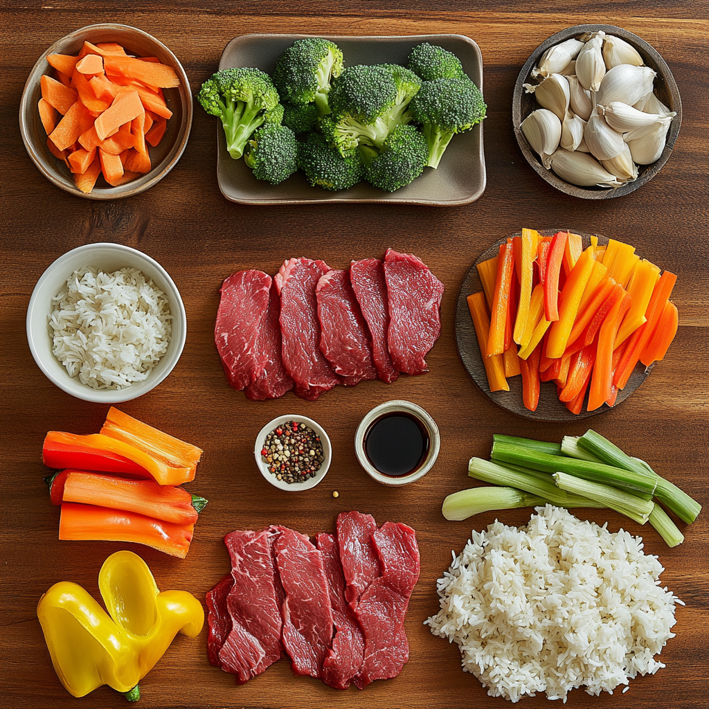 Fresh ingredients for a stir-fry: thinly sliced beef (sirloin or flank steak), vibrant mixed vegetables (bell peppers, broccoli, carrots), and bowls of soy sauce, garlic, and ginger for the sauce. Rice or noodles are displayed as a base. The ingredients are neatly arranged on a rustic kitchen counter, ready to be cooked for a flavorful and quick meal.