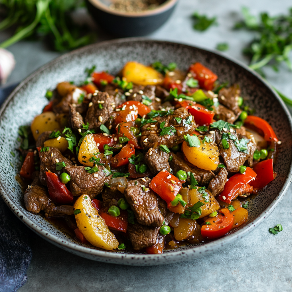 "Quick and easy beef dinner recipe featuring tender beef pieces with colorful vegetables and fresh herbs. The meal is served in a rustic plate, with a cozy kitchen background, showcasing a warm and inviting atmosphere. The dish looks simple yet flavorful, perfect for a busy evening, with garnishes like garlic and spices adding a touch of comfort and deliciousness."