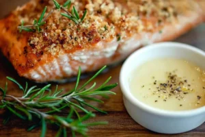 Herb-crusted salmon fresh from the oven, garnished with rosemary and served with lemon butter sauce, ideal for salmon dinner recipes.