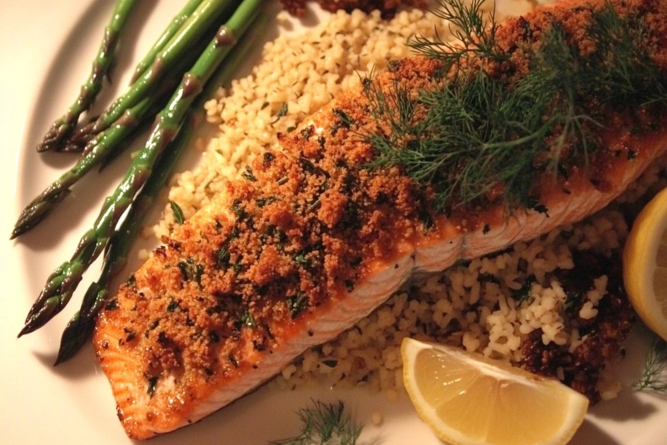Baked salmon dinner with herb crust, roasted asparagus, and wild rice pilaf, perfect for salmon dinner recipes.