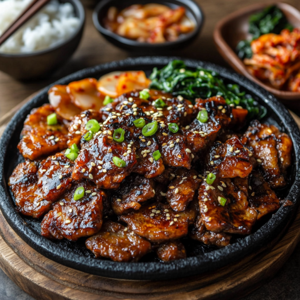 A sizzling plate of vegan bulgogi made with plant-based protein, glazed with a rich Korean BBQ sauce, and garnished with sesame seeds and green onions. Served with traditional Korean side dishes like kimchi, pickled radish, and steamed rice on a wooden table