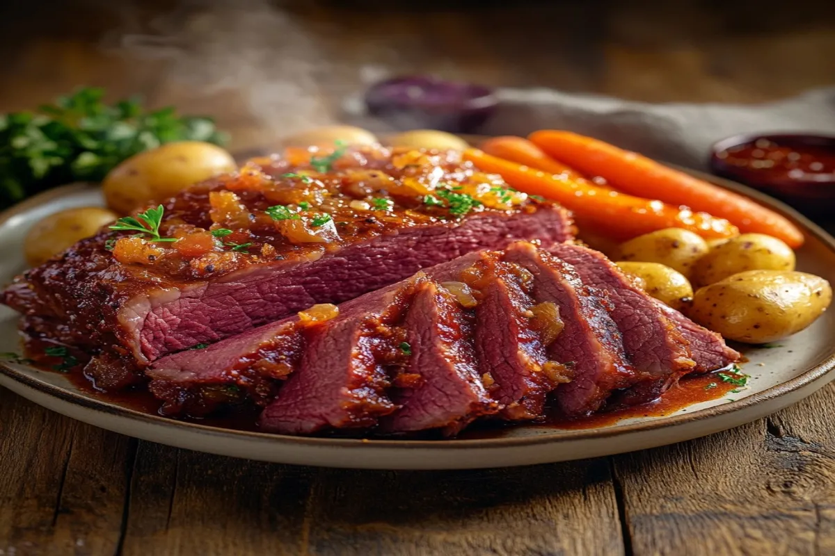 Juicy, oven-baked corned beef with a crispy exterior, served with roasted vegetables and a mustard glaze.