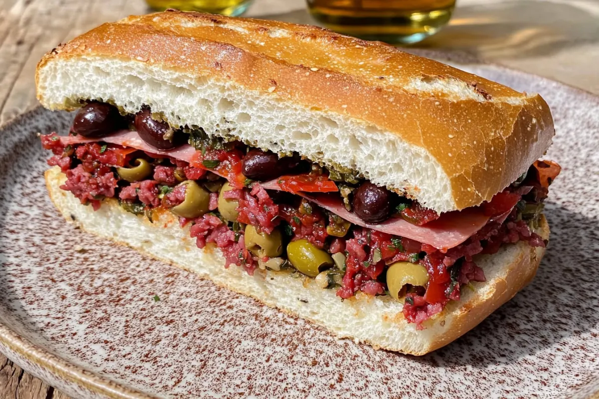 A close-up of a classic New Orleans Muffuletta sandwich with layers of Italian meats, provolone cheese, and a tangy olive salad, served on a crusty sesame loaf.