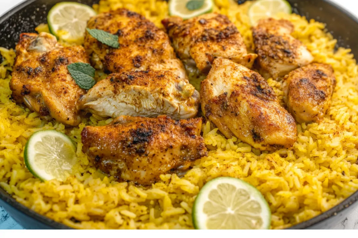 A close-up of turmeric chicken and rice garnished with fresh herbs and lime slices. The golden yellow rice contrasts with the crispy, spiced chicken pieces.